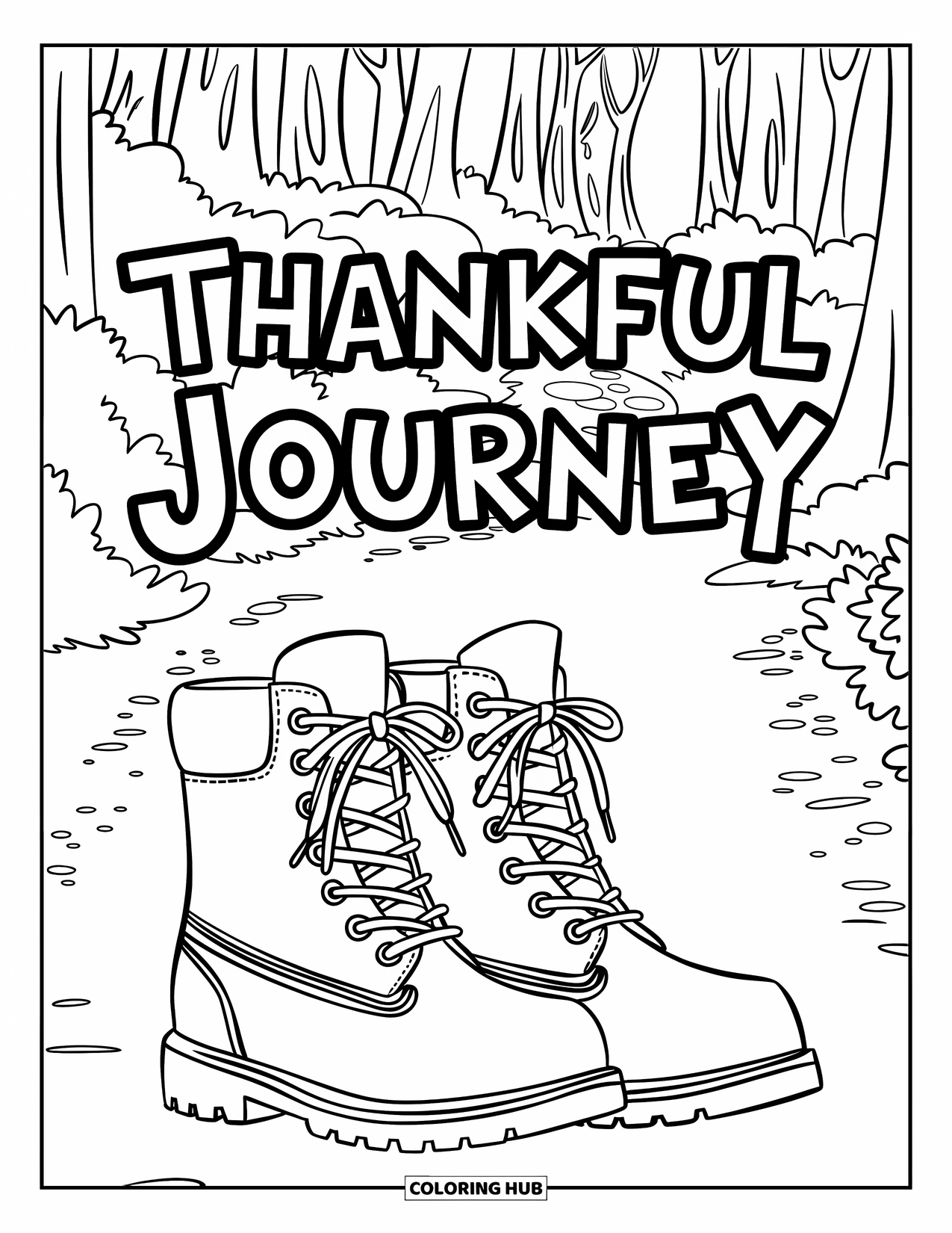 Dankbarkeits-Ausmalbild für Kinder: Stiefel auf einem Waldweg mit dem Schriftzug “Thankful Journey” daneben