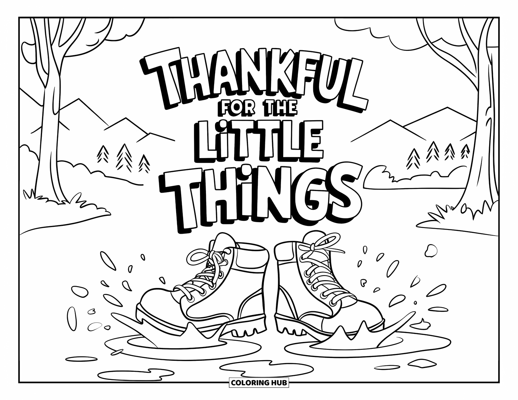 Dankbarkeits-Ausmalbild für Kinder: Stiefel stapfen durch Pfützen unter dem Schriftzug “Thankful for the Little Things”