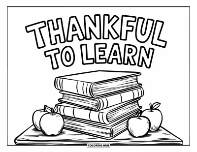 Coloriage de reconnaissance pour enfants : Des livres colorés et des pommes empilés sous l'inscription « Thankful to Learn »