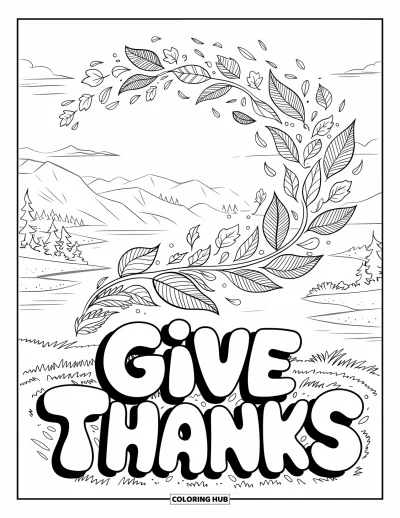 Coloriage de reconnaissance pour enfants : Des feuilles flottantes dansent sous de grandes lettres rondes formant « Give Thanks »