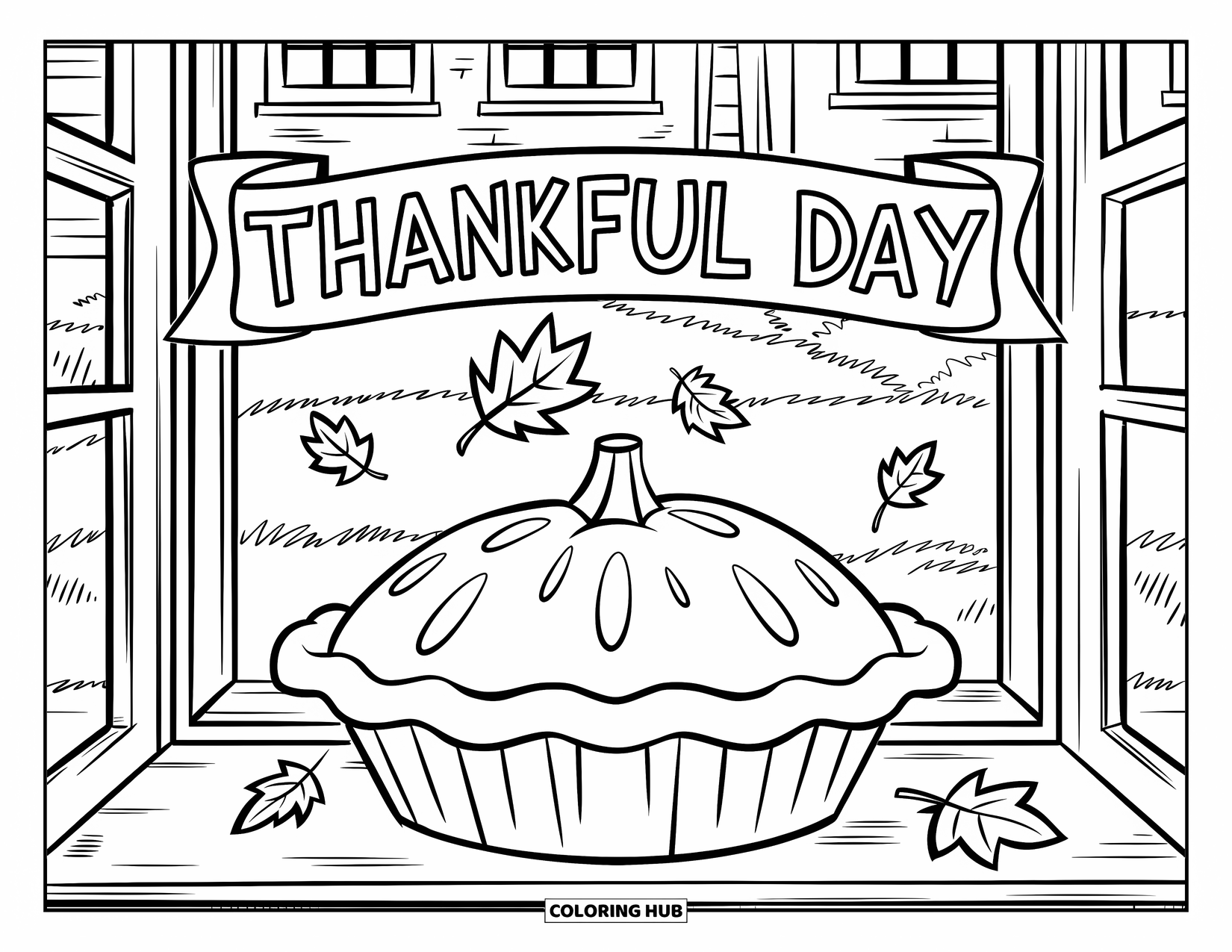Dankbarkeits-Ausmalbild für Kinder: Draußen fallen Blätter, während ein Kuchen am Fenster mit der Aufschrift “Thankful Day” steht