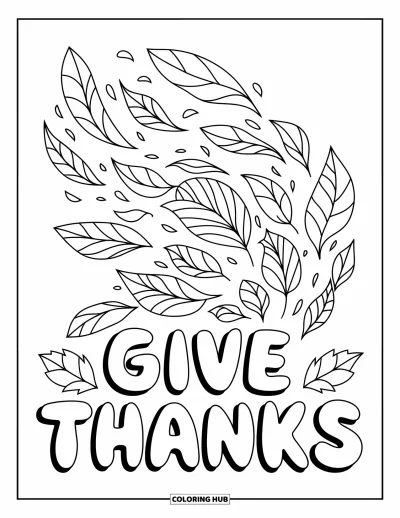 Coloriage de reconnaissance pour enfants : Des feuilles tourbillonnant dans le vent autour des mots « Give Thanks »
