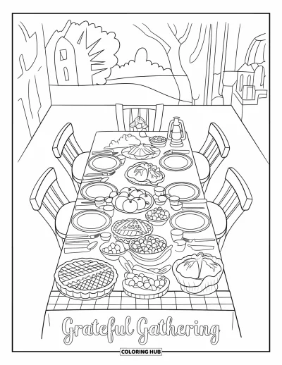 Coloriage de reconnaissance pour enfants : Des assiettes et des tartes rassemblées autour d'une table avec l'inscription « Grateful Gathering »