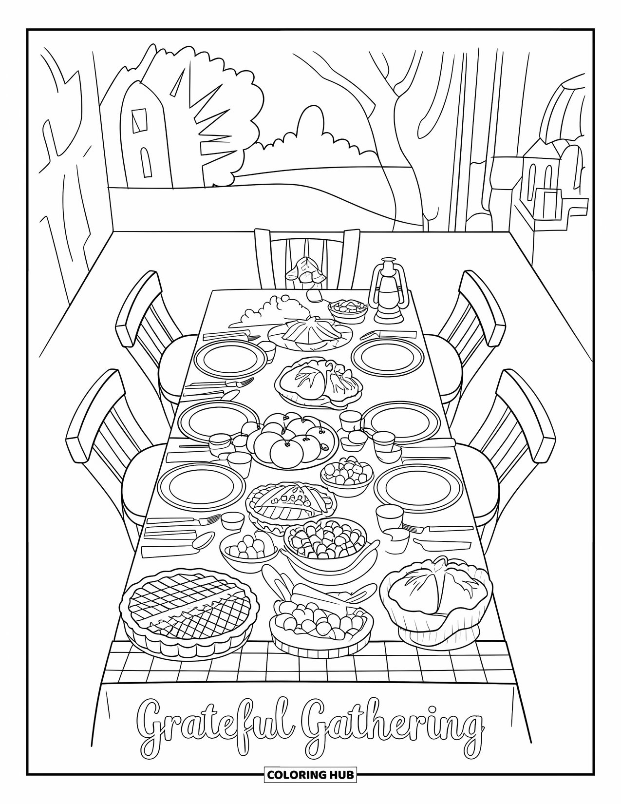 Dankbarkeits-Ausmalbild für Kinder: Teller und Kuchen versammeln sich um den Tisch mit dem Schriftzug “Grateful Gathering”