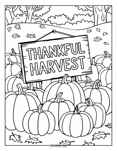 Coloriage de reconnaissance pour enfants : Des citrouilles remplissant le champ sous une pancarte en bois « Thankful Harvest »