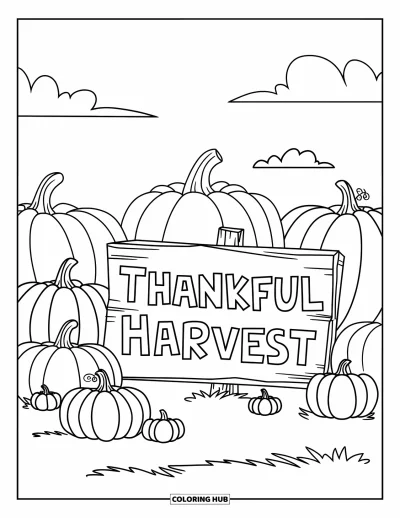 Coloriage de reconnaissance pour enfants : Des citrouilles de toutes tailles rassemblées sous une pancarte « Thankful Harvest »