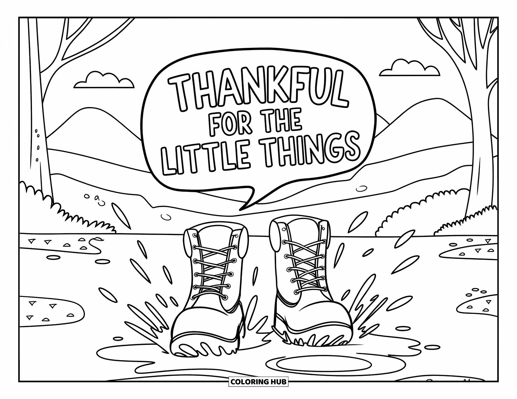 Dankbarkeits-Ausmalbild für Kinder: Platschende Stiefel und fallende Blätter mit “Thankful for the Little Things” in einer Sprechblase