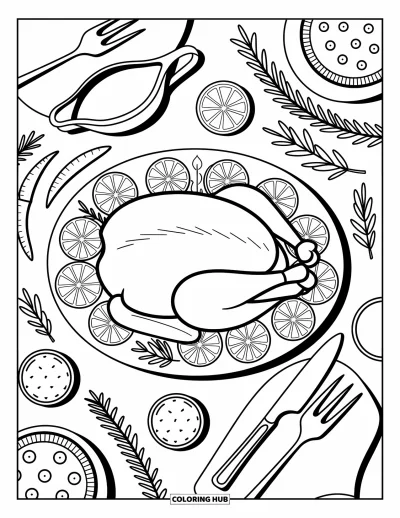 Coloriage de plats de Thanksgiving pour adultes : Une dinde découpée est encadrée de sauces, de tartes et de décorations automnales