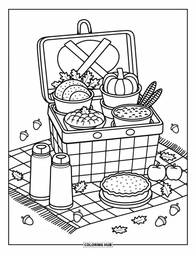 Coloriage de plats de Thanksgiving pour adultes : Une couverture à carreaux et un panier bien garni créent une scène de festin automnal parfaite