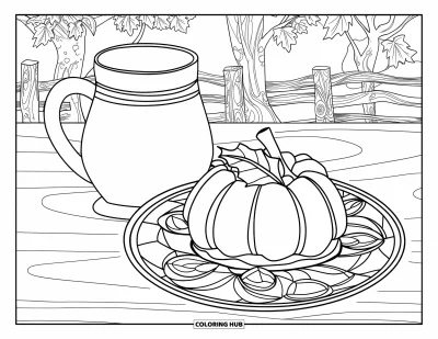 Coloriage de plats de Thanksgiving pour adultes : Une tasse de cidre et un dessert reposent sur une table avec un vitrail tourbillonnant derrière eux