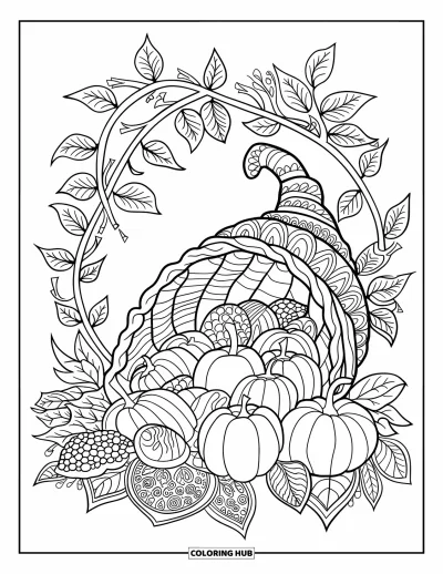 Coloriage de plats de Thanksgiving pour adultes : Une corne d'abondance déverse des fruits de récolte encadrés par des arabesques de mandala