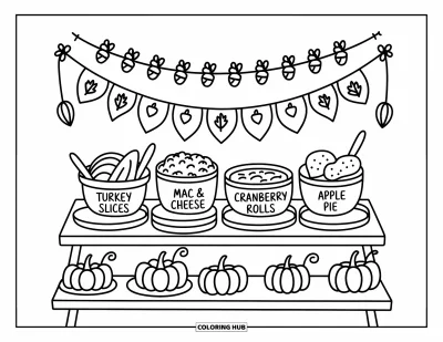 Coloriage de plats de Thanksgiving pour adultes : Un buffet chaleureux présente de la dinde, des macaronis au fromage, des petits pains et des tartes avec des pancartes