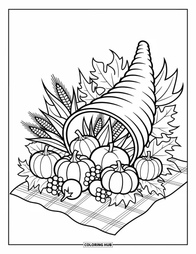 Coloriage de plats de Thanksgiving pour adultes : Une corne d'abondance festive déverse des canneberges, des courges et du maïs sur un plaid écossais