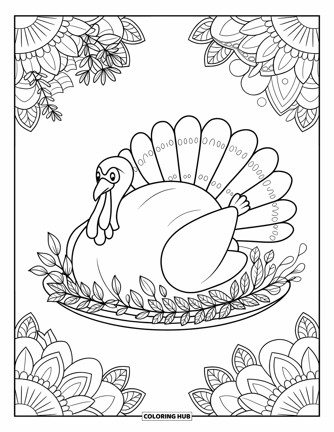 Thanksgiving Food Coloring Page for Adults: A festive turkey is centered among bold, full-page mandala floral patterns