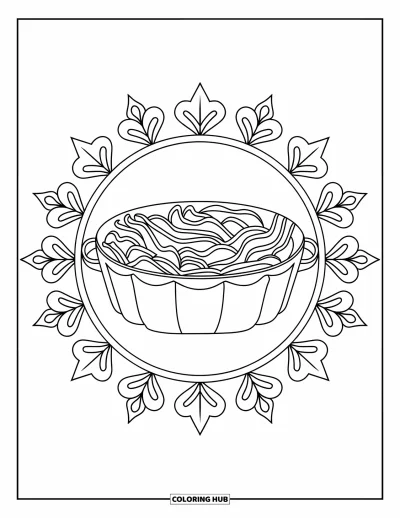 Coloriage de plats de Thanksgiving pour adultes : Un mandala floral entoure un plat de gratin de haricots verts douillet