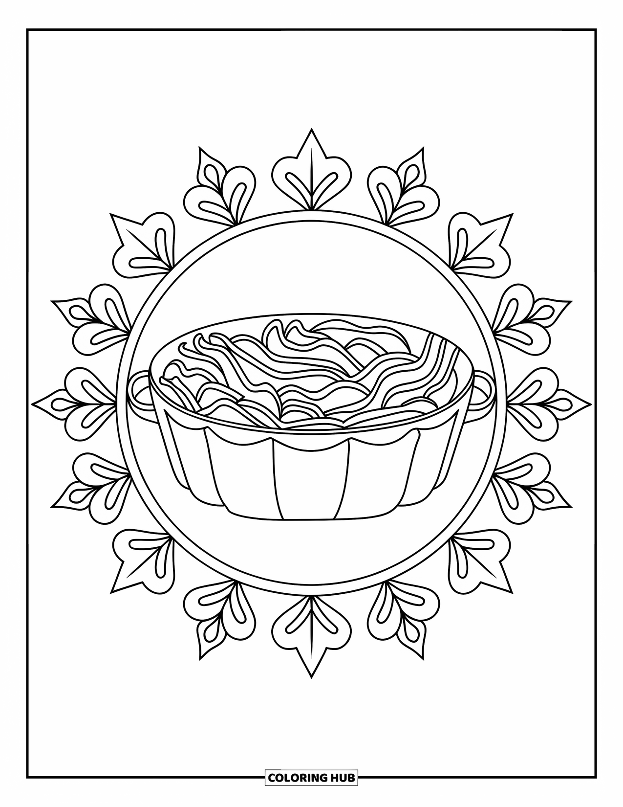 Thanksgiving Food Coloring Page for Adults: A floral mandala surrounds a cozy green bean casserole dish
