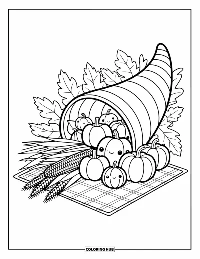 Coloriage de plats de Thanksgiving pour adultes : Une grande corne d'abondance déverse des fruits, des légumes et des épis de blé sur une nappe à carreaux