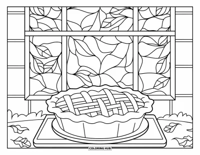 Coloriage de plats de Thanksgiving pour adultes : Une tarte à croisillons repose sur un rebord de fenêtre avec des feuilles et des branches en vitrail