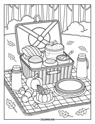 Coloriage de plats de Thanksgiving pour adultes : Un panier pique-nique est rempli de dinde, de tarte et d'autres petits délices de Thanksgiving