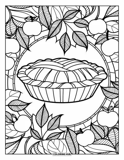 Coloriage de plats de Thanksgiving pour adultes : Une tarte entourée de feuilles détaillées crée une composition apaisante de style vitrail