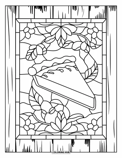 Coloriage de plats de Thanksgiving pour adultes : Une part de tarte à la citrouille est intégrée dans des éléments floraux en vitrail sur une planche en bois