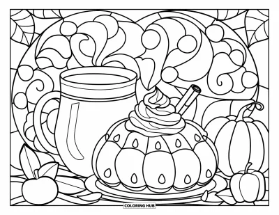 Coloriage de plats de Thanksgiving pour adultes : Un dessert en forme de citrouille et une tasse de cidre sont encadrés par des motifs de vitrail et des feuilles