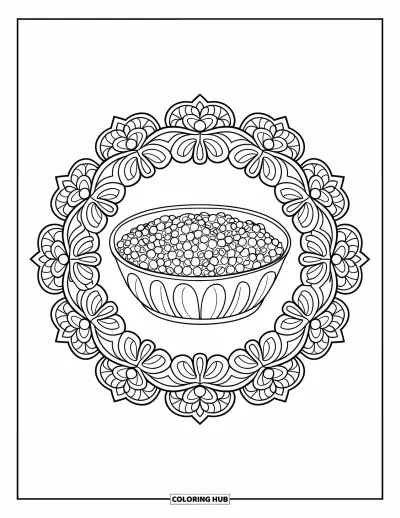 Coloriage de plats de Thanksgiving pour adultes : Un bol rond de sauce aux canneberges est encadré d'une couronne florale de feuilles