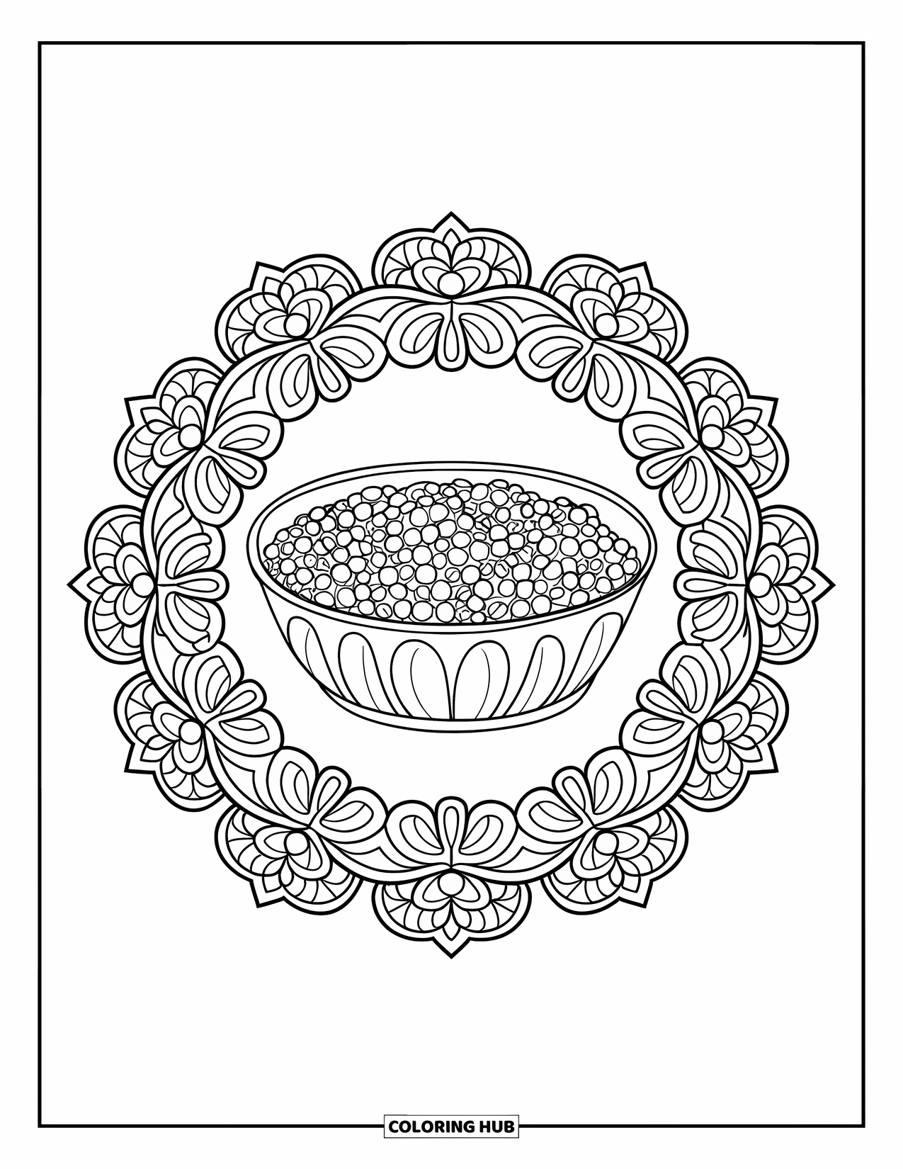 Thanksgiving Food Coloring Page for Adults: A round bowl of cranberry sauce is framed by a floral ring of leaves