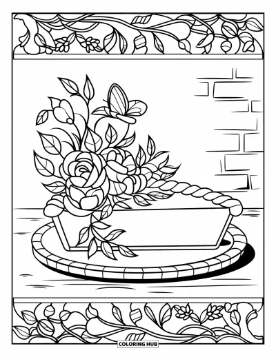 Coloriage de plats de Thanksgiving pour adultes : Une part de tarte repose sur une assiette en bois encadrée de roses et de feuilles