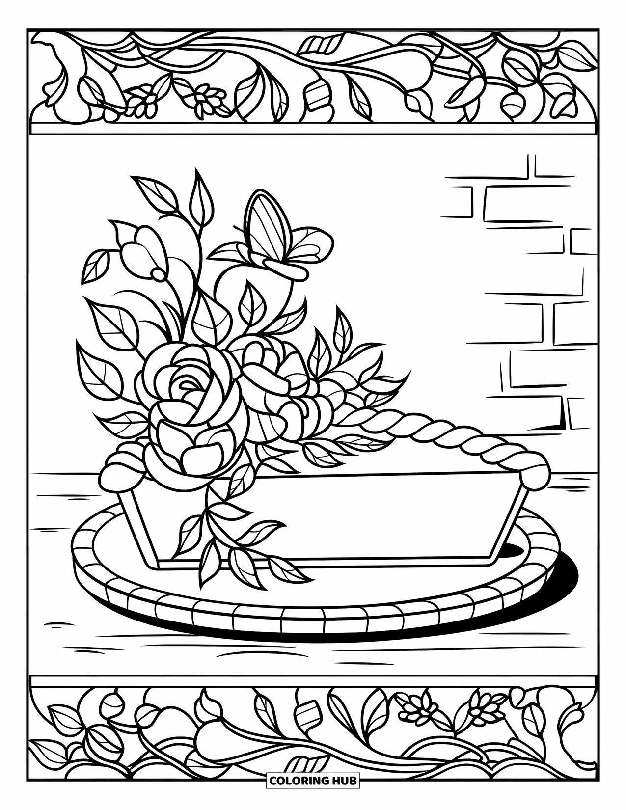 Thanksgiving Food Coloring Page for Adults: A slice of pie rests on a wooden plate framed with roses and leaves