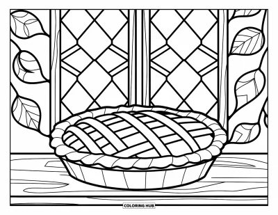 Coloriage de plats de Thanksgiving pour adultes : Une tarte de Thanksgiving est posée près d'un vitrail avec des feuilles d'automne tout autour