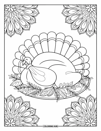 Coloriage de plats de Thanksgiving pour adultes : Une dinde de Thanksgiving repose sur un plat entourée de motifs botaniques de mandala