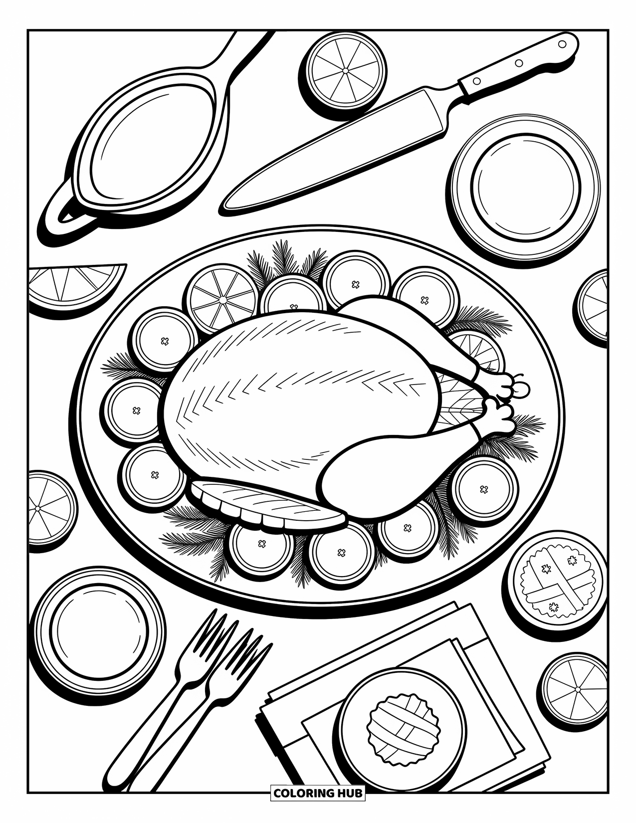 Thanksgiving Food Coloring Page for Adults: A turkey platter with oranges and rosemary is surrounded by gravy, pies, and napkins