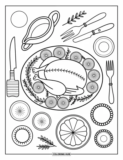 Coloriage de plats de Thanksgiving pour adultes : Un festin chaleureux avec de la dinde, des herbes et de petits ramequins de sauce