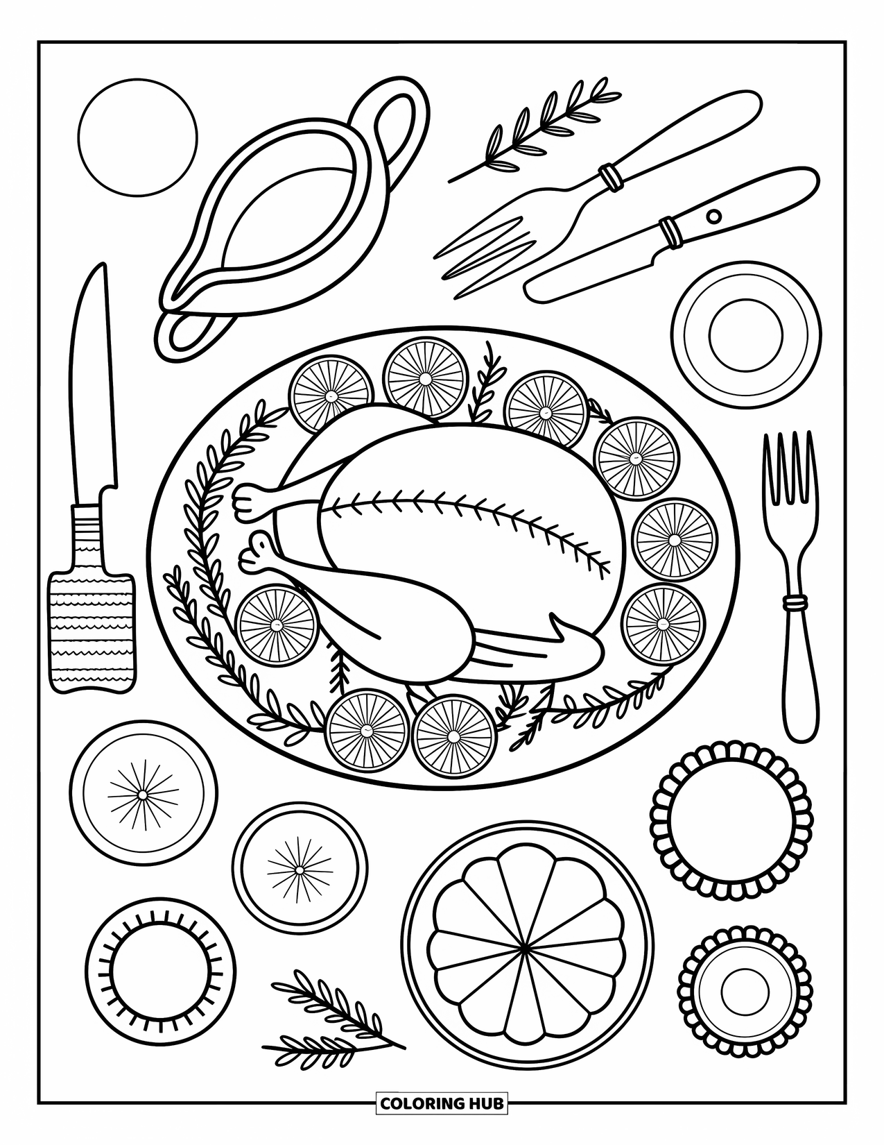 Thanksgiving Food Coloring Page for Adults: A warm feast setup with turkey, herbs, and tiny ramekins of sauce