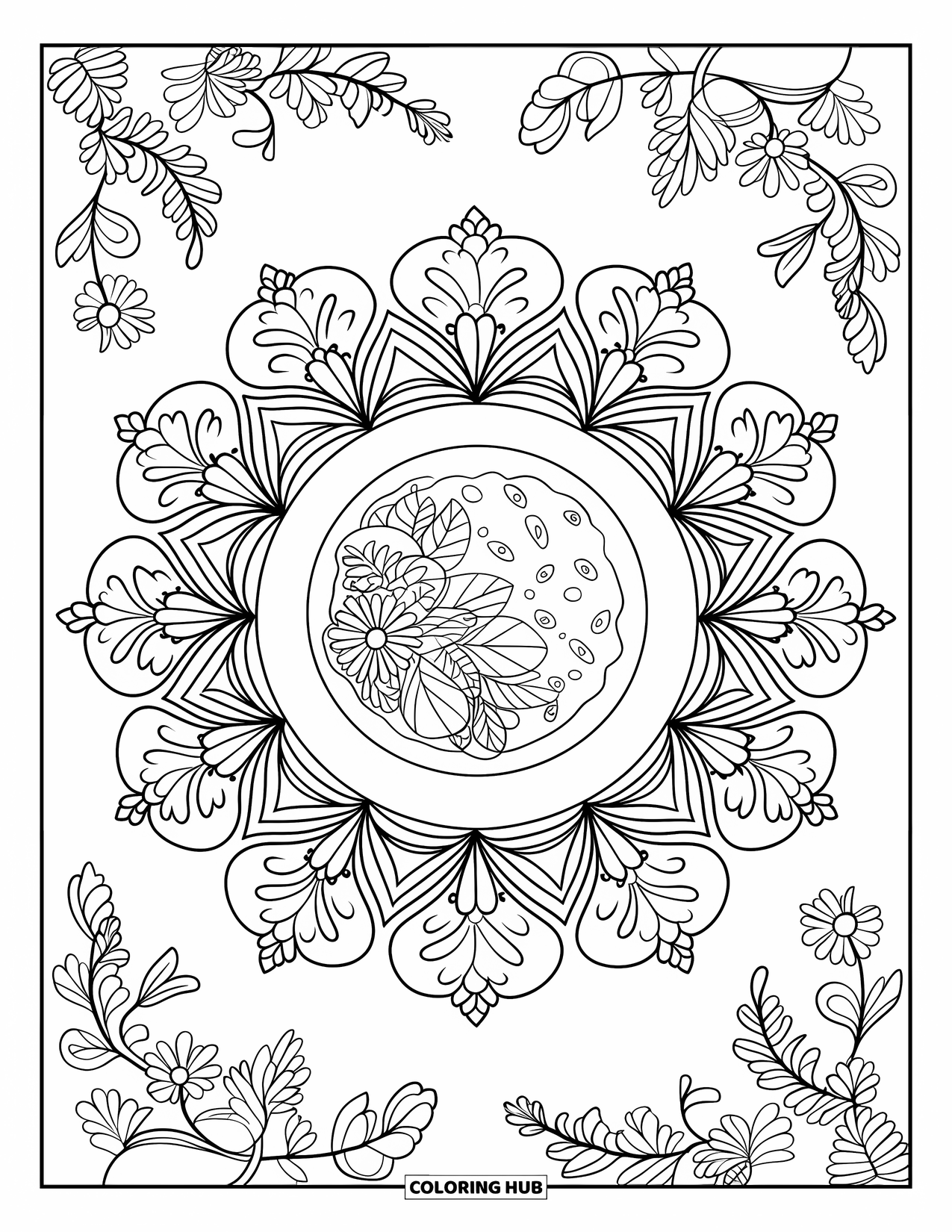 Thanksgiving Food Coloring Page for Adults: A white bowl of cranberry sauce rests within a floral mandala on fabric