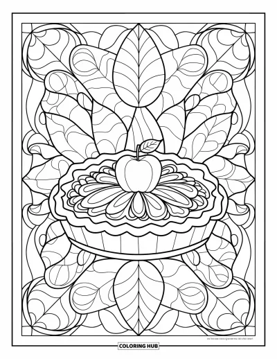 Coloriage de plats de Thanksgiving pour adultes : Une tarte aux pommes est au cœur d'un décor de feuilles en vitrail et de motifs raffinés