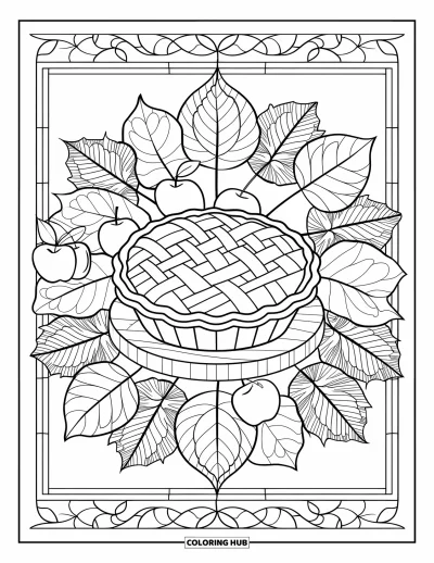 Coloriage de plats de Thanksgiving pour adultes : Une tarte aux pommes à croisillons est encadrée de vitraux et de pommes