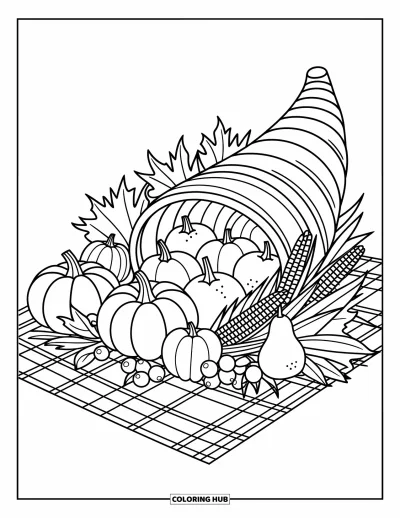 Coloriage de plats de Thanksgiving pour adultes : Une corne d'abondance bien remplie repose sur une nappe de pique-nique avec des pommes, des poires et des vignes