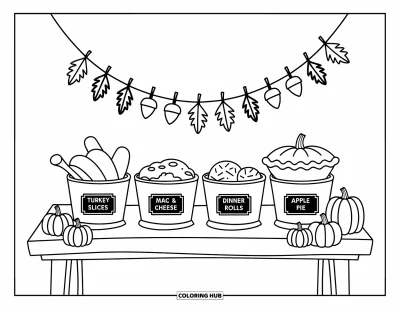 Coloriage de plats de Thanksgiving pour adultes : Des étiquettes ardoise marquent de jolis récipients remplis de plats classiques sur un buffet festif