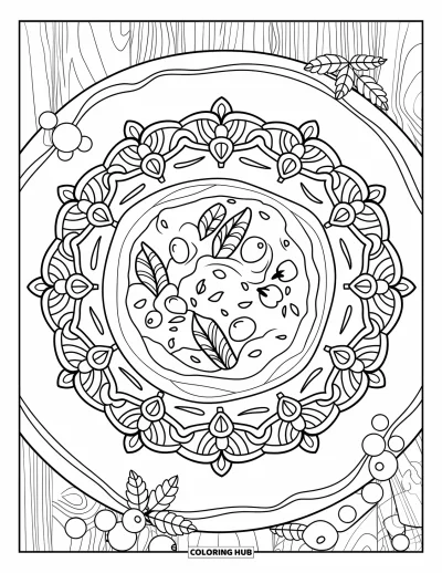 Coloriage de plats de Thanksgiving pour adultes : De la sauce aux canneberges sur une planche est insérée dans un mandala floral rempli de vignes