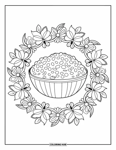 Coloriage de plats de Thanksgiving pour adultes : De la sauce aux canneberges dans un bol est entourée de motifs de mandala floraux