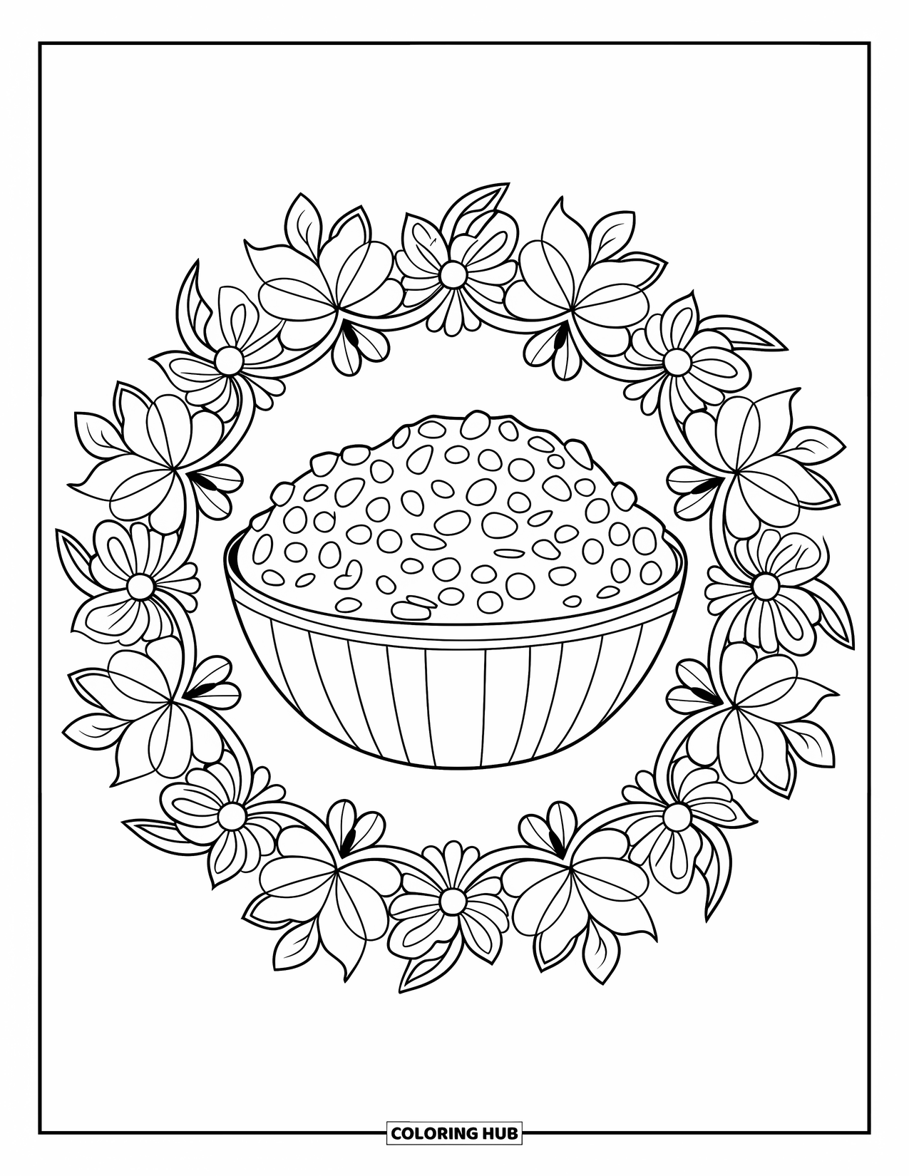 Thanksgiving Food Coloring Page for Adults: Cranberry sauce sits in a bowl surrounded by floral mandala patterns