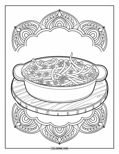 Coloriage de plats de Thanksgiving pour adultes : Un gratin de haricots verts est posé sur un plateau entouré de motifs de mandala floraux