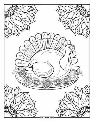 Coloriage de plats de Thanksgiving pour adultes : Des motifs style mandala entourent une dinde de Thanksgiving sur un plat de service