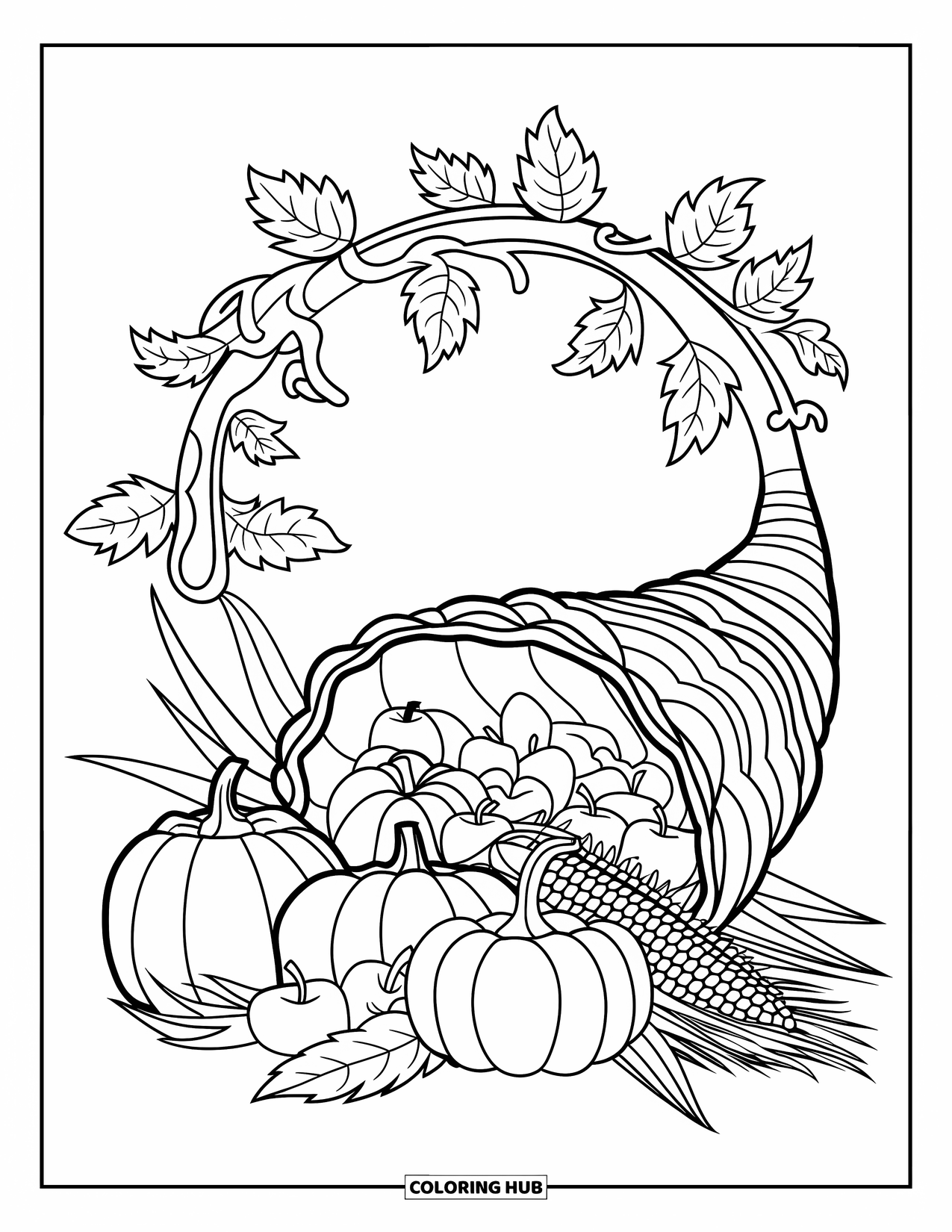 Thanksgiving Food Coloring Page for Adults: Mandala vines wrap around a cornucopia of pumpkins, apples, and corn