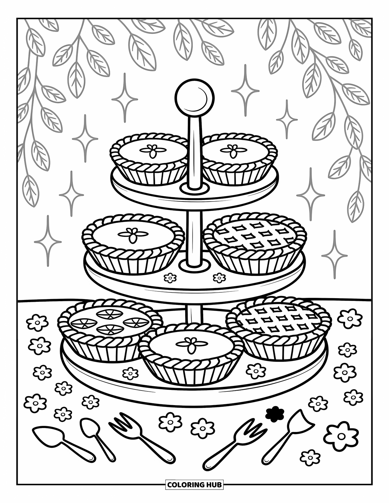 Thanksgiving Food Coloring Page for Adults: Mini pumpkin, pecan, apple, and berry pies decorate a cheerful pie stand