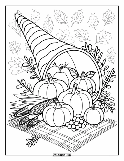 Coloriage de plats de Thanksgiving pour adultes : De petites citrouilles, des pommes et du maïs débordent d'une grande corne d'abondance généreuse