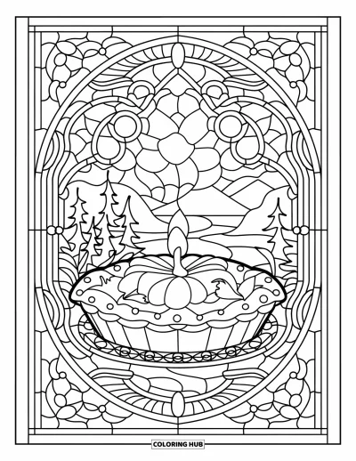 Coloriage de plats de Thanksgiving pour adultes : Une tarte à la citrouille et une bougie brillent au centre d'un vitrail