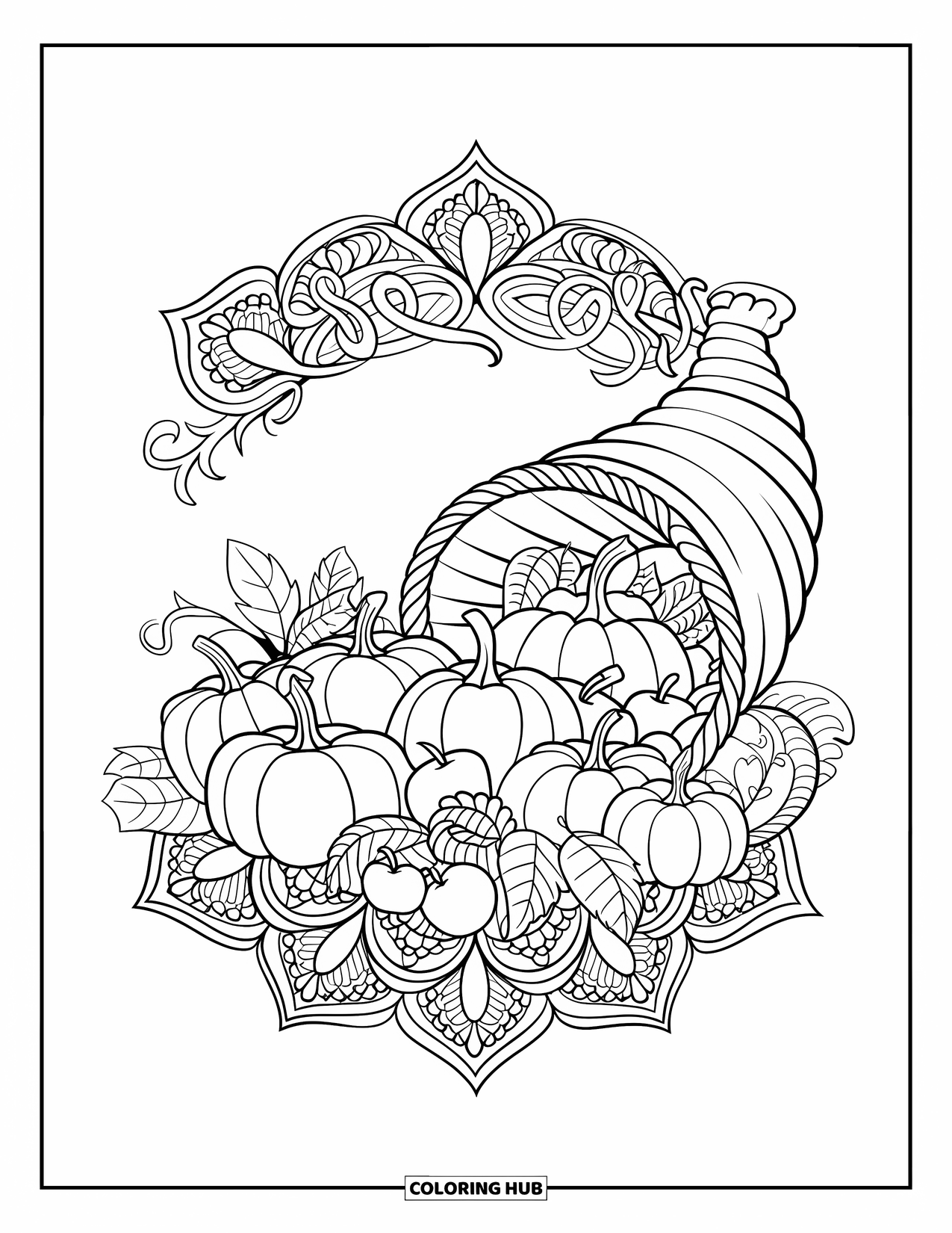 Thanksgiving Food Coloring Page for Adults: Pumpkins and fruits overflow from a cornucopia framed by mandala leaves